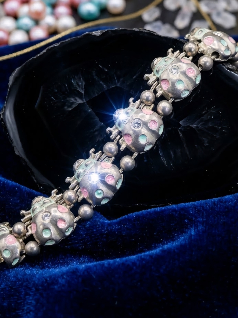 Vintage Silver Pastel Enamel Ladybug Link Slide Bracelet Multi Panel Beetle